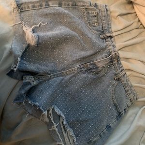 distressed denim rhinestone shorts